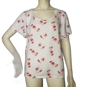 LUCKY BRAND White Scoop Neck T Shirt with Red Roses Womens Size XL
